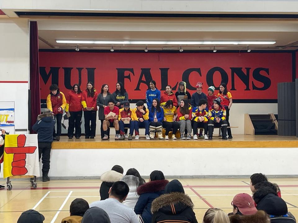 Athletes from Rankin Inlet, Nunavut, at a pep rally before they head to the 2024 Arctic Winter Games. 