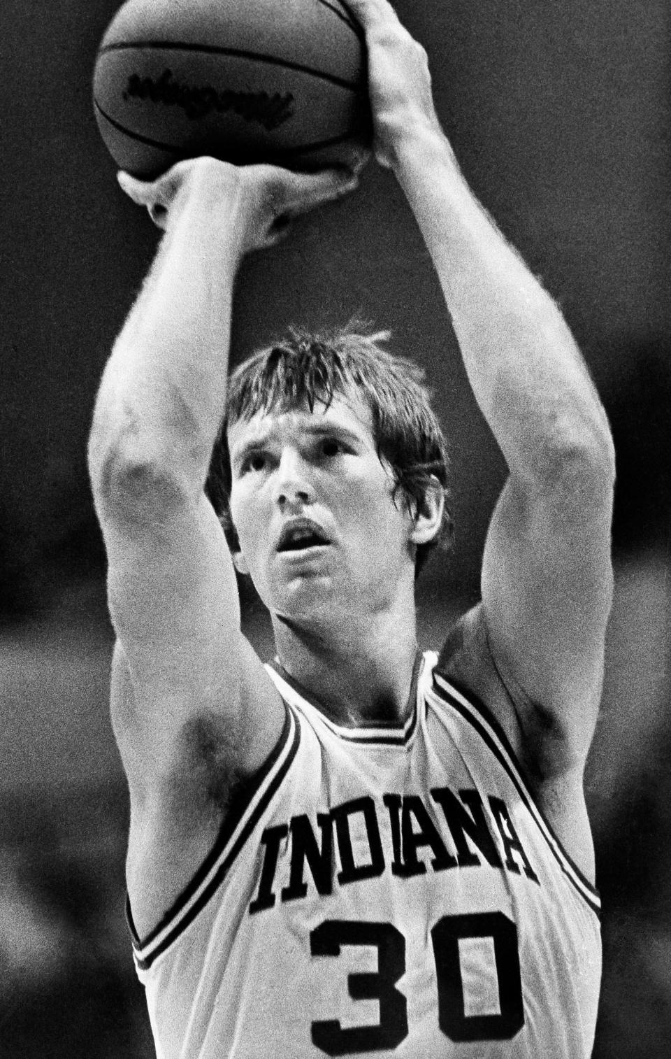Ted Kitchel, 6' 8" junior for Indiana University, prepares to fire one of the 18 free throws he hit in a row to set a Big Ten record Saturday, January 12, 1981, during the Hoosiers' 78-61 victory over 11th ranked Illinois. Kitchel pumped in 11 of 13 field goal attempts for a career and game high 40 points.