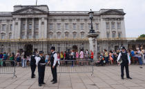 Members of the public queuing to look at the official announcement that the Duke and Duchess of Cambridge have had a baby boy, outside Buckingham Palace in London.