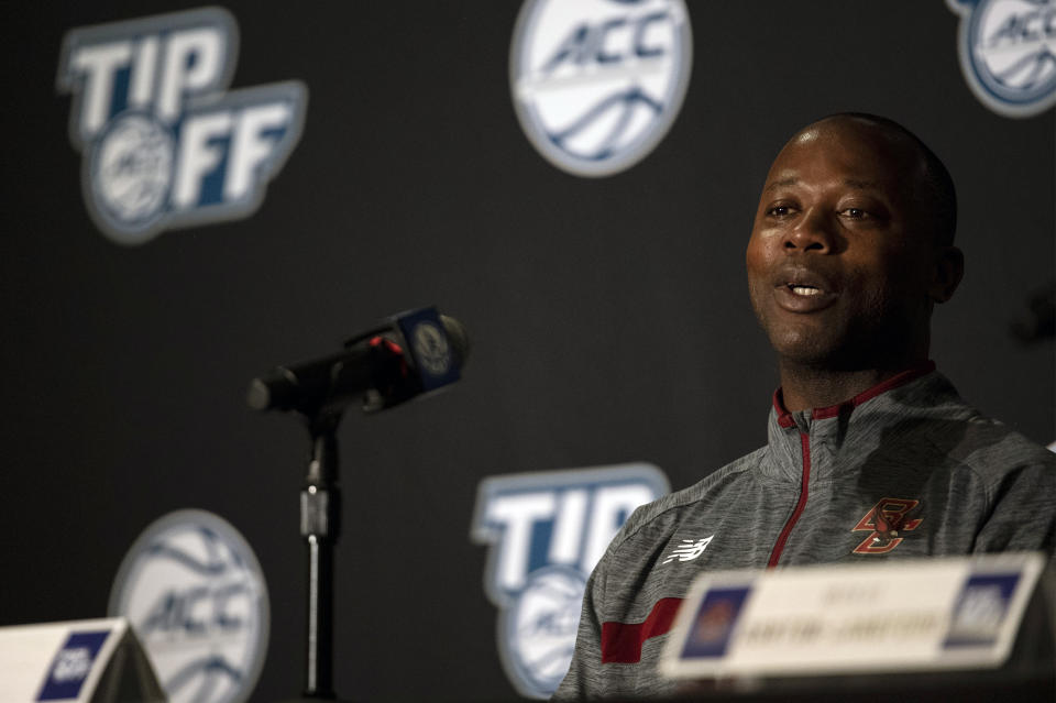 Boston College head coach Earl Grant speaks during NCAA college basketball Atlantic Coast Conference media day, Tuesday, Oct. 12, 2021, in Charlotte, N.C. (AP Photo/Matt Kelley)