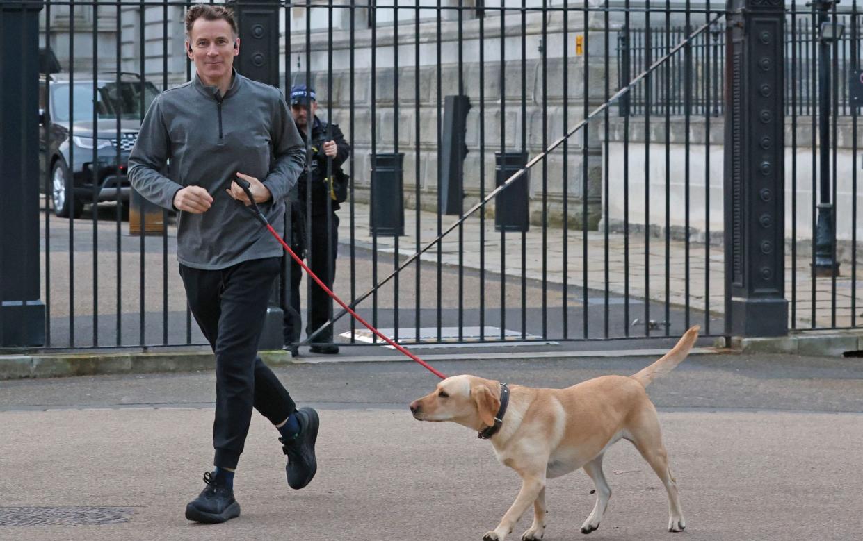 Jeremy Hunt, the Chancellor, is pictured this morning running in Westminster with his dog Poppy