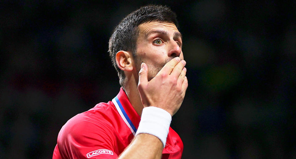Novak Djokovic blew British fans a sarcastic kiss after being targeted during Serbia's Davis Cup tie. Pic: Getty