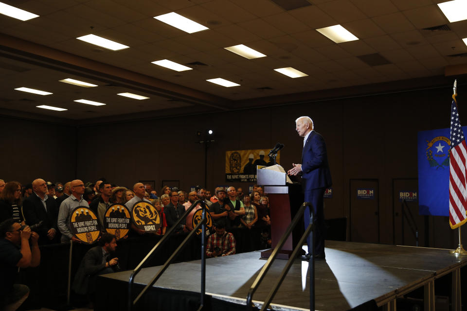 Former vice president and Democratic presidential candidate Joe Biden speaks at a rally with members of a painters and construction union, Tuesday, May 7, 2019, in Henderson, Nev. (AP Photo/John Locher)