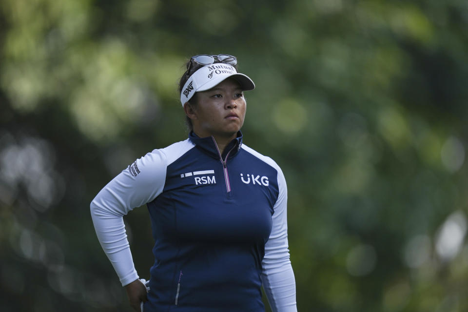 Megan Khang walks from the 10th tee during the third round of the CPKC Women’s Open golf tournament Saturday, Aug. 26, 2023, in Vancouver, British Columbia. (Darryl Dyck/The Canadian Press via AP)