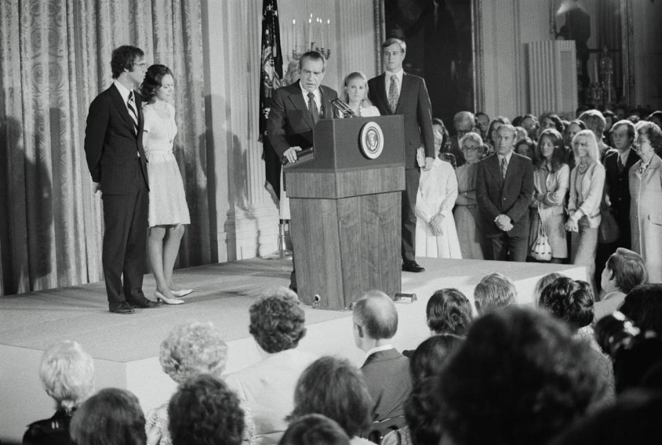 Richard Nixon gives a farewell speech to his staff and cabinet at the White House on Aug. 9, 1974, after he resigned as president. <a href="https://www.gettyimages.com/detail/news-photo/pres-nixon-says-an-emotional-farewell-to-members-of-his-news-photo/514703754?adppopup=true" rel="nofollow noopener" target="_blank" data-ylk="slk:Bettmann/Contributor;elm:context_link;itc:0;sec:content-canvas" class="link ">Bettmann/Contributor</a>