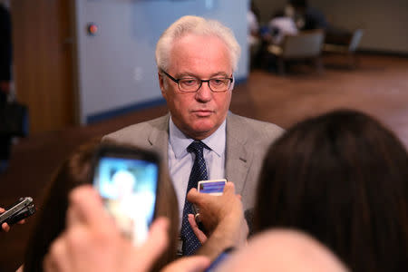 Vitaly Churkin, Russian ambassador to the United Nations, speaks to the media at United Nations headquarters in the Manhattan borough of New York, U.S., August 11, 2016. REUTERS/Carlo Allegri