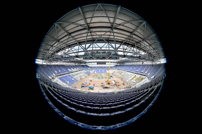 A view taken from the South Stand inside Everton's new stadium at Bramley-Moore Dock on March 27, 2024