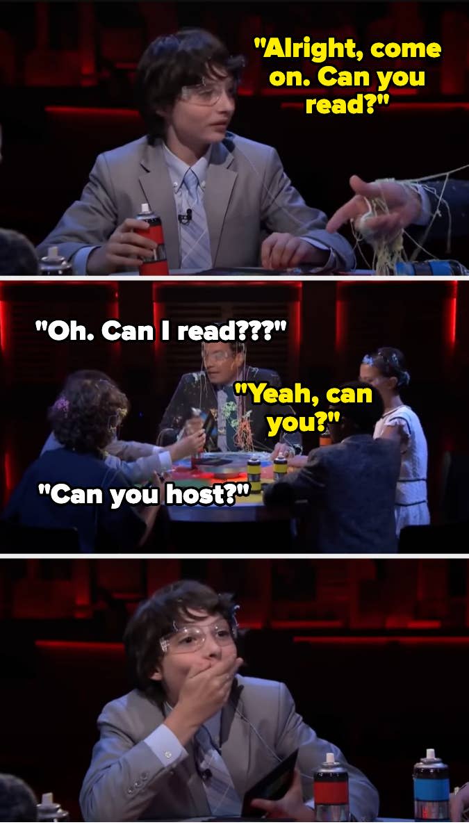 A person in a suit is being sprayed with silly string during a humorous scene with captions: "Alright, come on. Can you read?", "Oh. Can I read???", "Yeah, can you?", and "Can you host?"