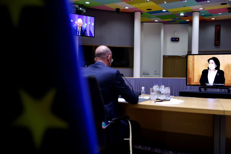 European Council President Charles Michel attends a video conference meeting with Georgian President Salome Zurabishvili