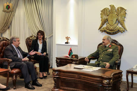 FILE PHOTO: Secretary General of the United Nations Antonio Guterres meets with Libyan military commander Khalifa Haftar in Benghazi, Libya April 5, 2019. Media office of the Libyan Army/Handout via REUTERS