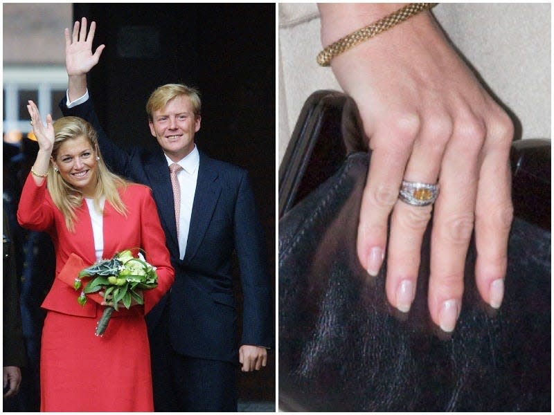 Left: Maxima Zorreguieta and Dutch Crown Prince Willem Alexander announce their engagement. Right: The engagement ring, with an orange diamond.