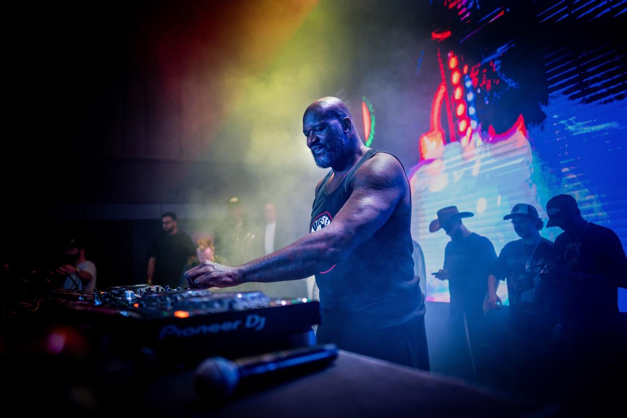 Shaquille O'Neal, also known as DJ Diesel, performs during his Shaq’s Bass All-Stars show at Skydeck on Broadway in Nashville, March 29, 2024.