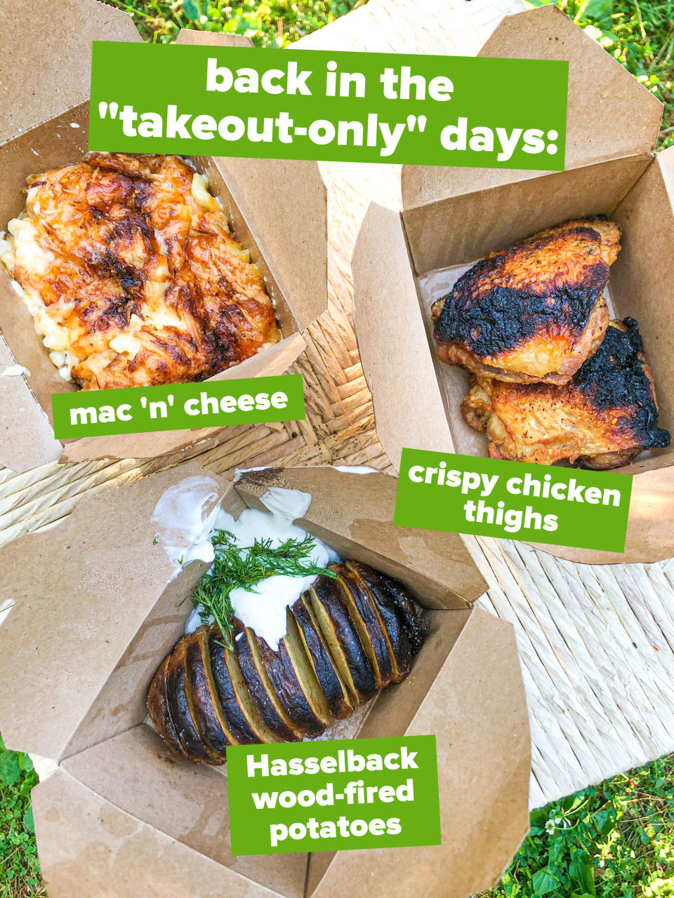 "Back in the takeout-only days text" with several items ID'ed: Hasselback wood-fired potatoes, mac 'n' cheese, and crispy chicken thighs