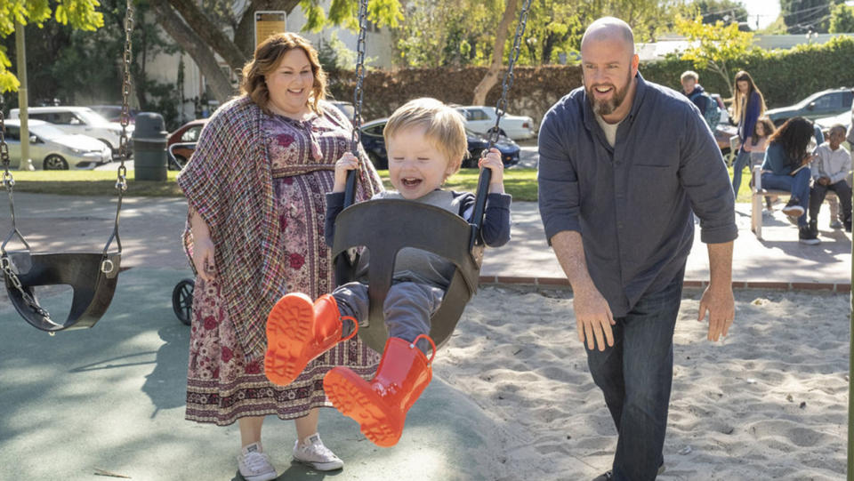 Kate (Chrissy Metz) and Toby (Chris Sullivan) with son Jack (Johnny Kincaid) in “Saturday in the Park” before the accident - Credit: Courtesy of Ron Batzdorff/NBC