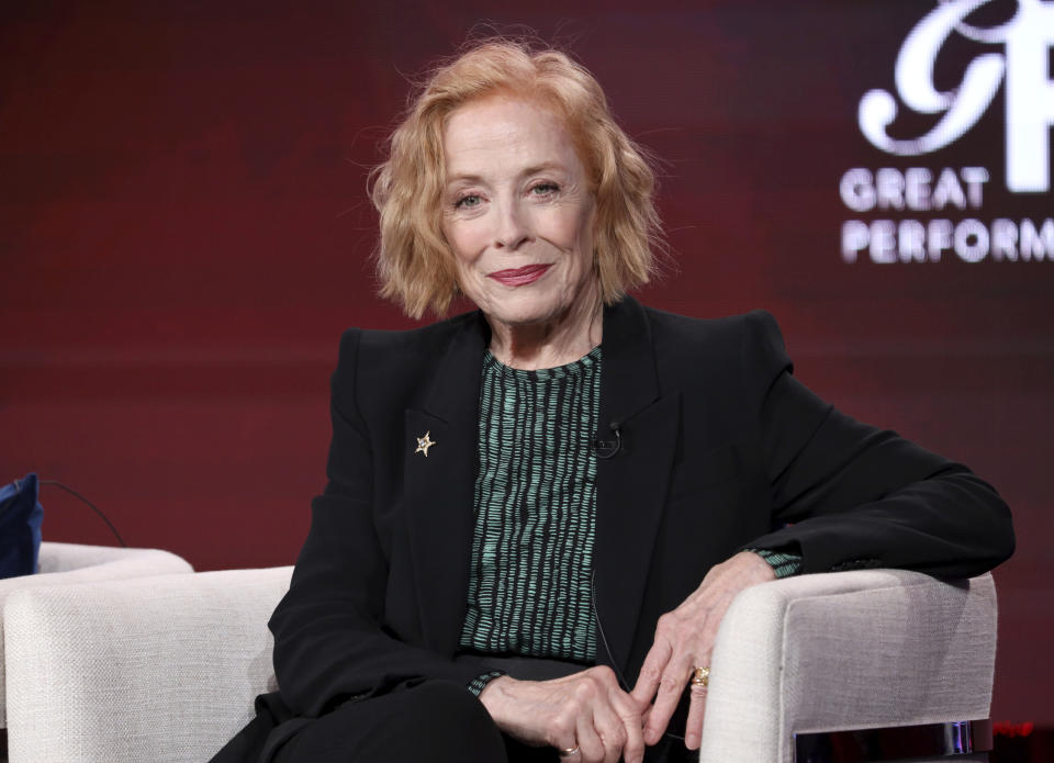 FILE - Holland Taylor speaks at the Great Performances "Ann" and "Gloria: A Life" panel during the PBS Winter 2020 TCA Press Tour at The Langham Huntington, Pasadena on Friday, Jan. 10, 2020, in Pasadena, Calif. Taylor turns 79 on Feb. 14. (Photo by Willy Sanjuan/Invision/AP, File)