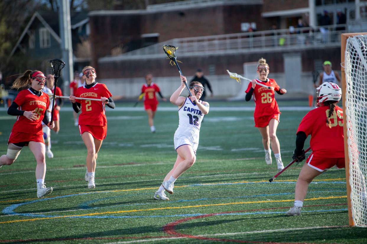 Luci Kanowsky, a 2018 Hartley graduate, is one of 10 players from central Ohio on Capital’s roster. She had four goals and one assist as the Comets defeated John Carroll 22-14 on May 7, giving the program its first OAC tournament championship and its first NCAA tournament berth.