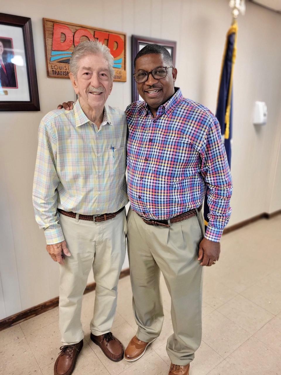Roland Babin, left, and Louisiana Secretary of Transportation Shawn Wilson celebrated Babin's retirement on July 28, 2022. Babin was Louisiana's longest-serving civil servant.