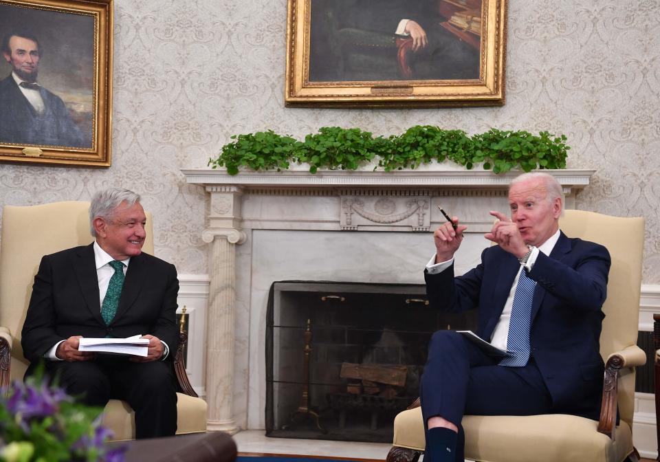 US President Joe Biden meets with Mexican President Andres Manuel Lopez Obrador in the Oval Office of the White House on July 12, 2022, in Washington, DC.