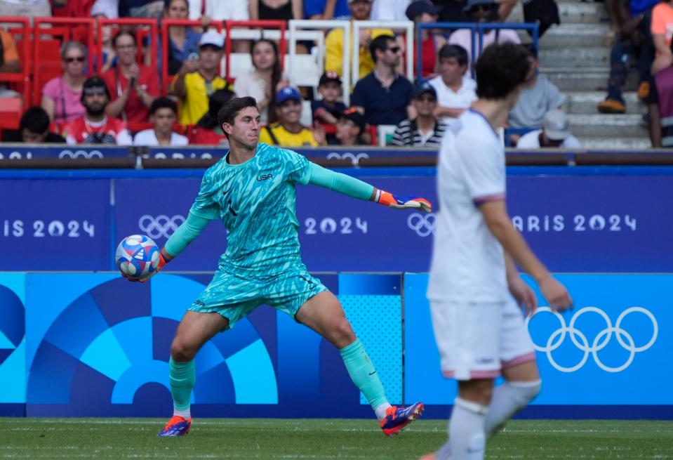 Aug 2, 2024; Paris, France; United States goalkeeper Patrick Schulte (1) in action against Morocco in a men's football quarterfinal during the Paris 2024 Olympic Summer Games at Parc des Princes. Mandatory Credit: Andrew P. Scott-USA TODAY Sports