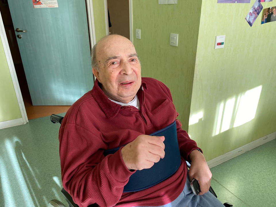 This photo dated March 15, 2020, shows Meyer Haiun in the Paris care home, la Residence Amaraggi, where the 85-year-old died 11 days later. Taken by his brother, Robert Haiun, this is the last photo the family has of Meyer. In France, a reckoning is beginning for 14,000 deaths in care homes, a cataclysm that scythed through the generation that endured World War II. Families whose elders died behind the closed doors of homes in lockdown are filing wrongful death lawsuits, triggering police investigations. (Courtesy of Robert Haiun via AP)