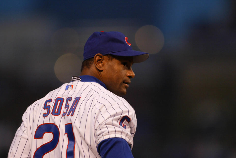 4 Oct 2003: Sammy Sosa of the Chicago Cubs during the Cubs 3-1 victory over the Atlanta Braves in game 3 of the NLDS at Wrigley Field in Chicago, IL.  (Photo by Dilip Vishwanat/Sporting News via Getty Images via Getty Images)