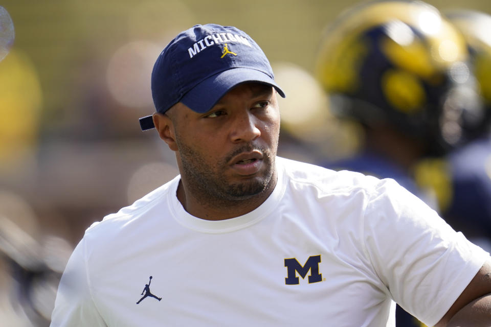 Michigan offensive coordinator Josh Gattis watches against Northern Illinois in the first half of a NCAA college football game in Ann Arbor, Mich., Saturday, Sept. 18, 2021. (AP Photo/Paul Sancya)