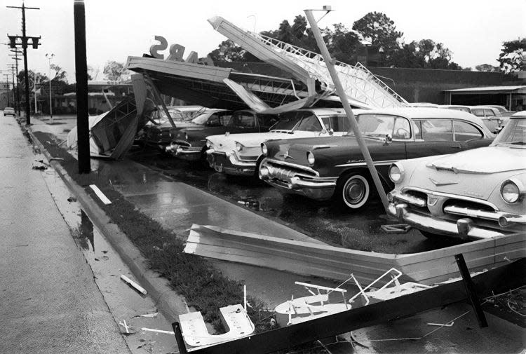 A Daytona Beach car lot damaged during Hurricane Donna in 1960. The storm was the last sustained hurricane-forced winds were believed to have been felt in Sarasota.