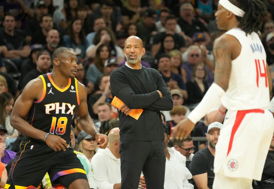 Phoenix Suns head coach Monty Williams watches his team play against the Los Angeles Clippers during Game 1 of their first-round playoff series at Footprint Center in Phoenix on April 16, 2023.