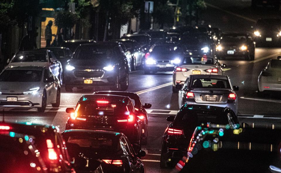 Cars drive along North Broadway at the intersection of Main Street in Tarrytown Sept. 27, 2023.