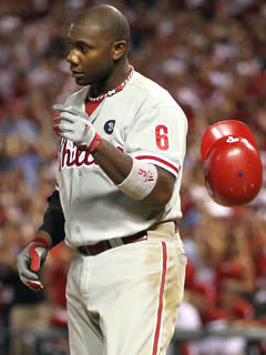 Phillies first baseman Ryan Howard tosses his helmet after striking out in Game 4 of the NLDS. He has a .133 average in the series