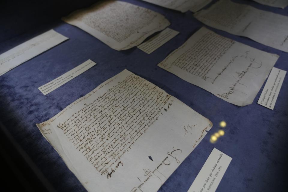 Various sentences of the Vatican court are displayed inside Palazzo della Cancelleria a renaissance building in the center of Rome that holds the Vatican supreme court, Tuesday, Sept. 12, 2023. The Vatican on Tuesday opened the doors to one of Renaissance Rome’s most spectacular palazzos that is normally hidden from public view since it houses some of the Holy See’s most secretive offices: the ecclesial tribunals that decide everything from marriage annulments to plenary indulgences. (AP Photo/Gregorio Borgia)