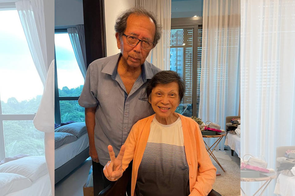 Married for just over a year, Tom Iljas, 81, and his wife Liong May Swan, 79, pose for a photo on Tuesday, 4 May 2021. (PHOTO: Nicholas Yong/Yahoo News Singapore)