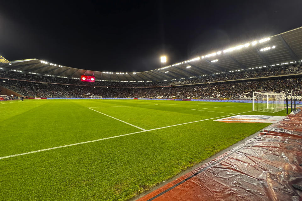 A view of the empty field before the Euro 2024 group F qualifying soccer match between Belgium and Sweden at the King Baudouin Stadium was suspended, in Brussels, Monday, Oct. 16, 2023. Two Swedes were killed in a shooting late Monday in central Brussels, police said, prompting Belgium's prime minister and senior Cabinet minister to hunker down at their crisis center for an emergency meeting. (AP Photo/Geert Vanden Wijngaert)