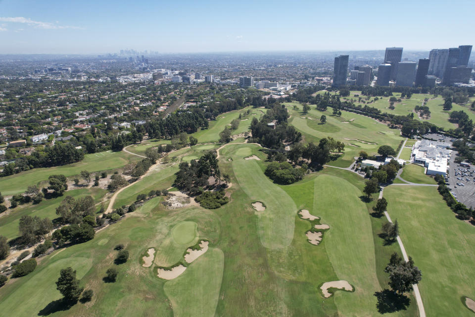 In this aerial photo is the Los Angeles Country Club on Sept. 26, 2022, in Los Angeles. The Los Angeles Country Club is opening itself to the world's largest golf audiences with the arrival of the 123rd U.S. Open next week. For its first century of existence, the club and its two courses were rarely seen by anyone except its wealthy members. (AP Photo/Ringo H.W. Chiu)