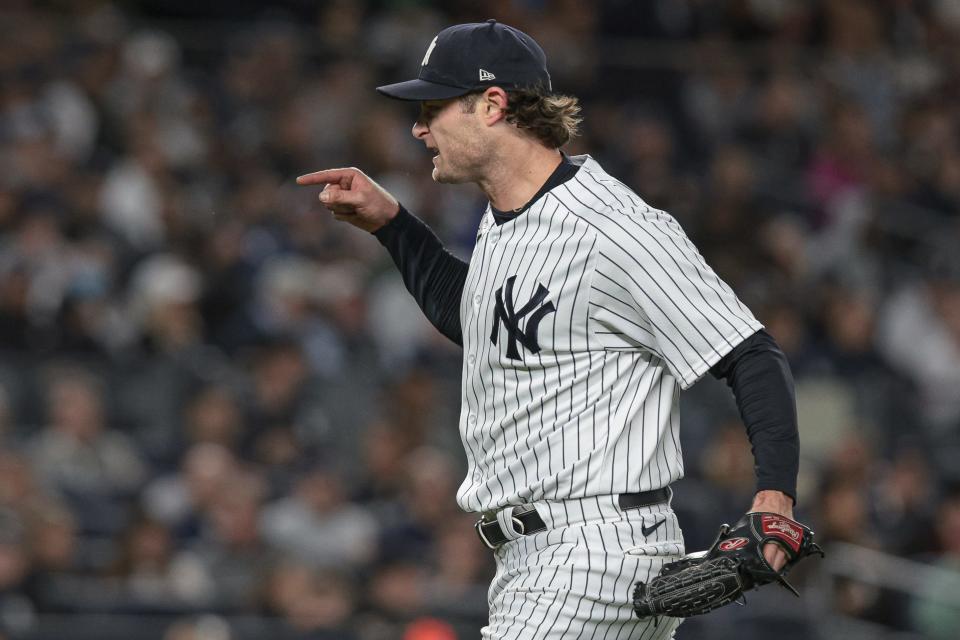 Yankees starting pitcher Gerrit Cole reacts after getting the final out of the top of the sixth inning against the Red Sox at Yankee Stadium in the Bronx, New York on Sept. 23, 2022.