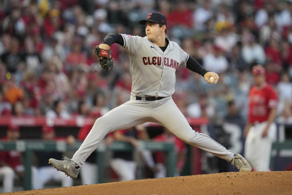 Cleveland Guardians starting pitcher Logan Allen (41) throws during the first inning of a baseball game in Anaheim, Calif., Friday, Sept. 8, 2023. (AP Photo/Ashley Landis)