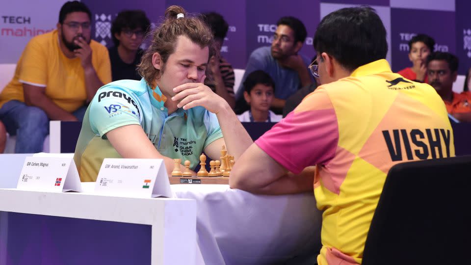 Magnus Carlsen of SG Alpine Warriors plays against Viswanathan Anand of Ganges Grandmasters during the Global Chess League event in Dubai. - Ali Haider/EPA-EFE/Shutterstock
