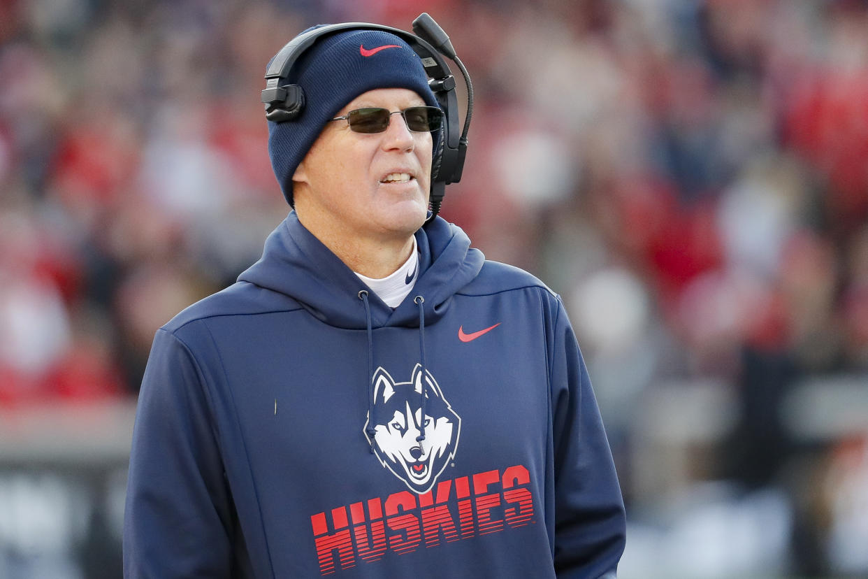 Connecticut head coach Randy Edsall works the sidelines during the first half of an NCAA college football game against Cincinnati, Saturday, Nov. 9, 2019, in Cincinnati. (AP Photo/John Minchillo)