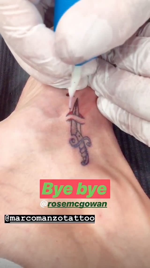 In Argento’s Instagram post showing her dot tattoo going bye-bye, she seemed to bid farewell to Rose McGowan as well. (Photo: Asia Argento via Instagram)