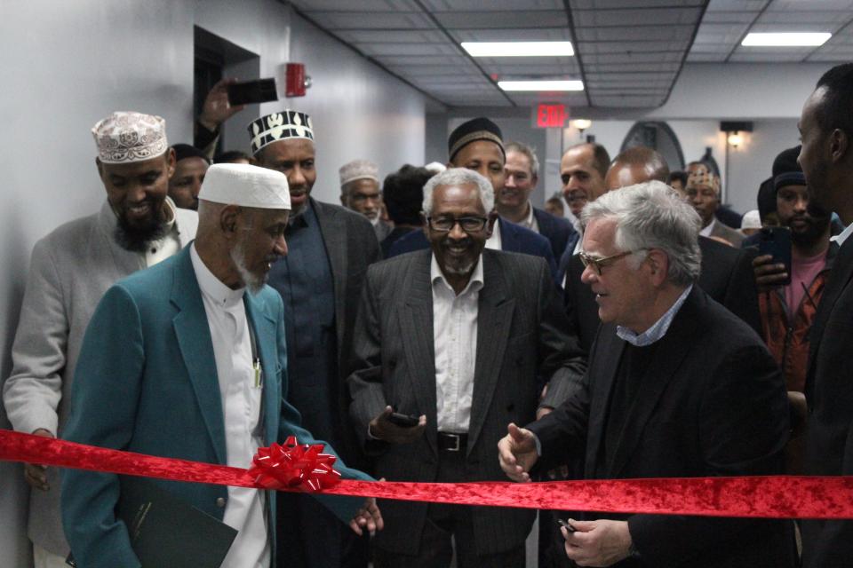 Al-Farooq Islamic Center of Nashville opened its new building on Thompson Lane in a ribbon cutting ceremony on Feb. 25, 2023. Al-Farooq moved from its old location along 4th Avenue South. Nashville Mayor John Cooper helps Al-Farooq leaders cut the ribbon.