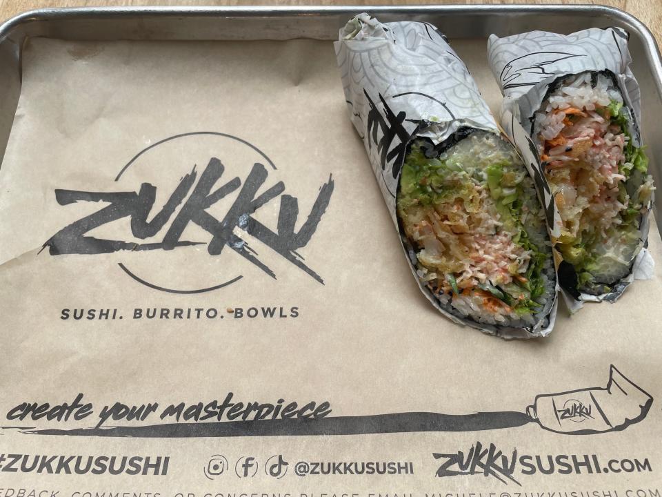 The Gulf burrito from Zukku Sushi at Kern's Food Hall features a crabmeat mix, tempura shrimp and avocado, along with veggies and other ingredients.