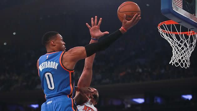 Russell Westbrook skies for two more points against the New York Knicks. Pic: Getty