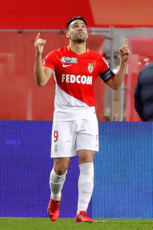 Soccer Football - Coupe de la Ligue Semi Final - AS Monaco vs Montpellier - Stade Louis II, Monaco - January 31, 2018 Monaco's Radamel Falcao celebrates scoring their second goal REUTERS/Eric Gaillard