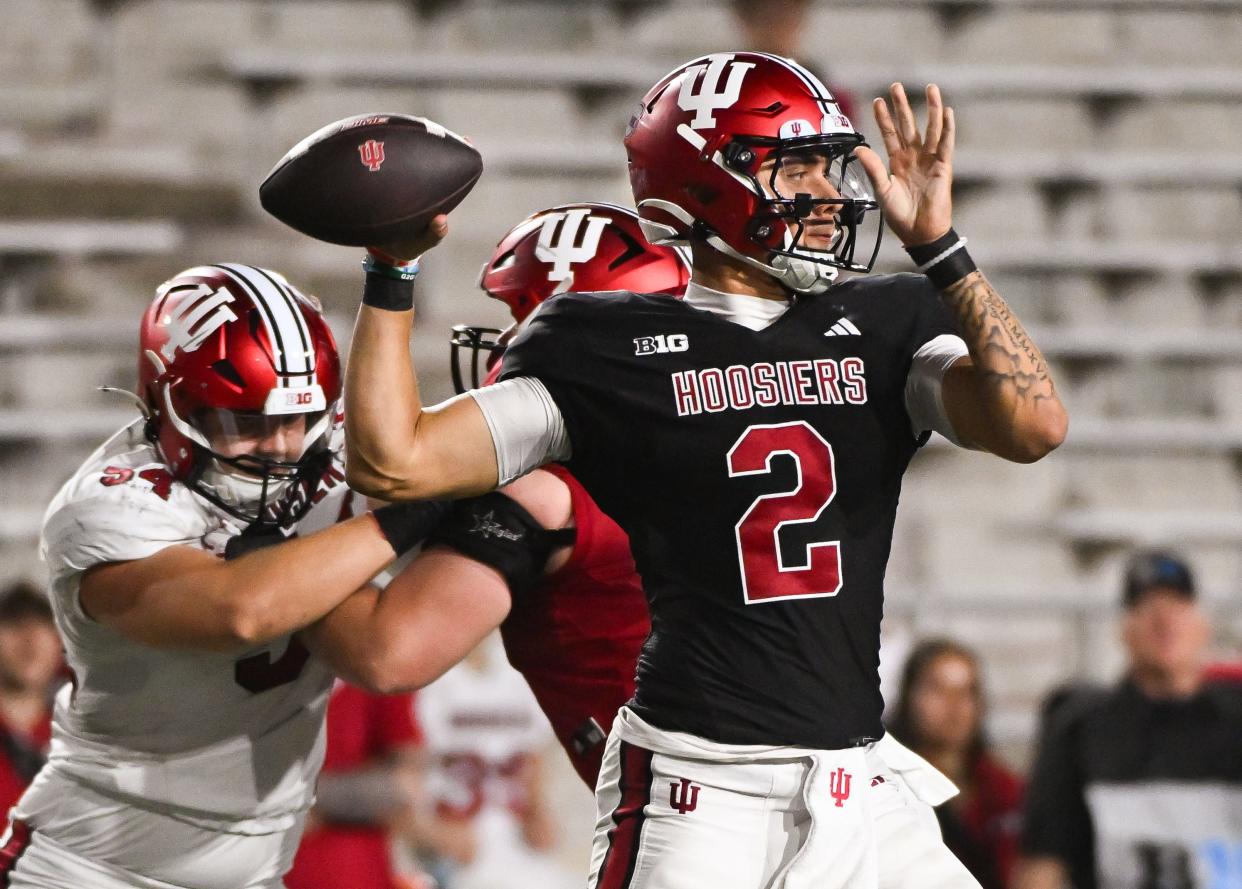 Indiana Hoosiers quarterback Tayven Jackson (2) throws a pass during the Indiana football spring game at Memorial Stadium on Thursday, April 18, 2024.