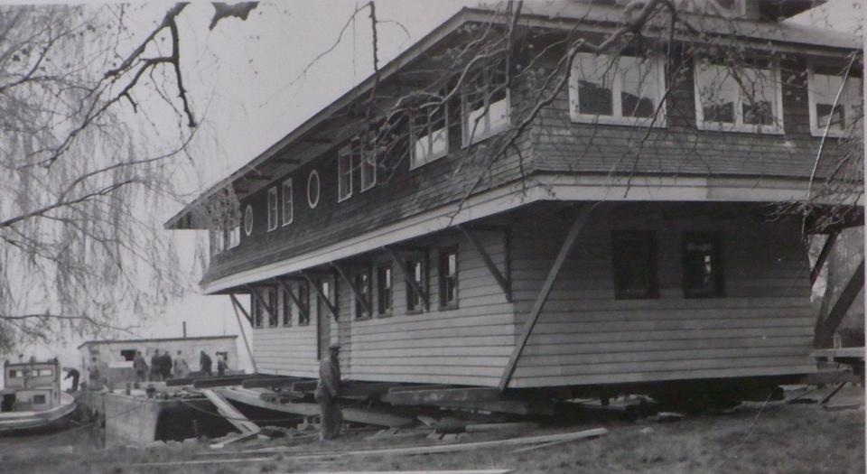 The 7-Up Houseboat being transferred from sea to land.