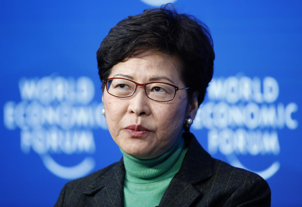 Hong Kong Chief Executive Carrie Lam takes part in a panel discussion at the World Economic Forum in Davos, Switzerland, Wednesday, Jan. 22, 2020. A preliminary test on a traveller from Wuhan China shows a positive result on the coronavirus in Hong Kong. (AP Photo/Markus Schreiber)