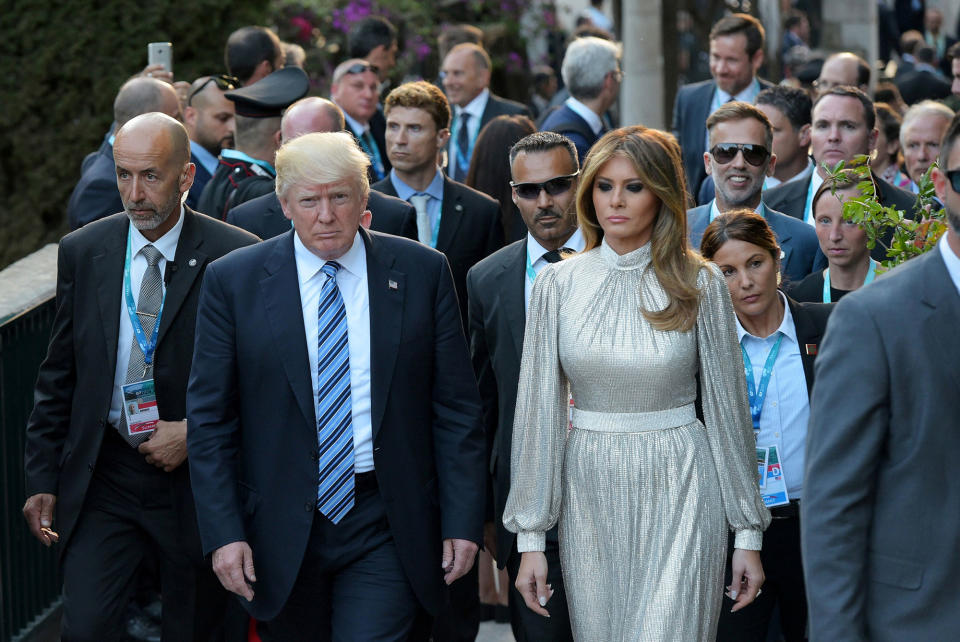 <p>President Donald Trump and First Lady Melania Trump arrive for a concert of La Scala Philharmonic Orchestra at the ancient Greek Theatre of Taormina during the Heads of State and of Government G7 summit in Sicily, Italy May 26, 2017. (Photo: Mandel Ngan/Pool/Reuters) </p>