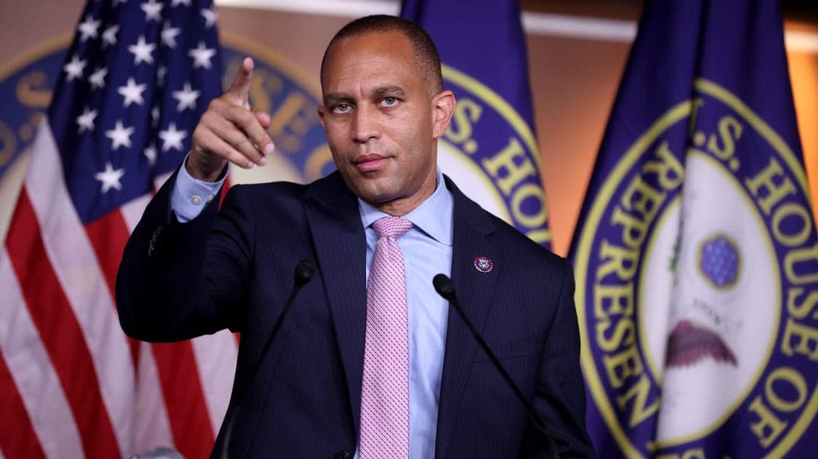 Democratic Caucus Chair Hakeem Jeffries (D-NY) talks to reporters following a caucus meeting at the U.S. Capitol on August 24, 2021 in Washington, DC. (Photo by Chip Somodevilla/Getty Images)