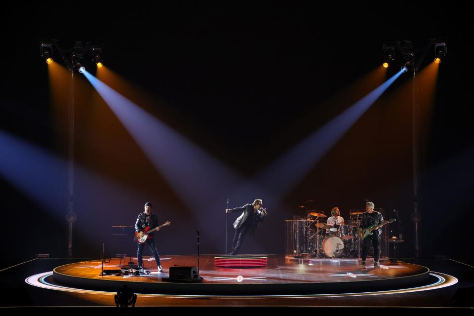 Bono, The Edge, Adam Clayton and Bram van den Berg of U2 perform during opening night of U2:UV Achtung Baby Live at Sphere on September 29, 2023 in Las Vegas, Nevada.