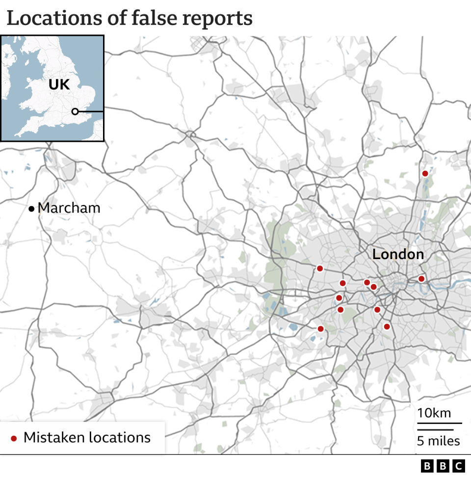 Map showing locations of 10 mistaken reports in London, as well as the village of Marchan in Oxfordshire